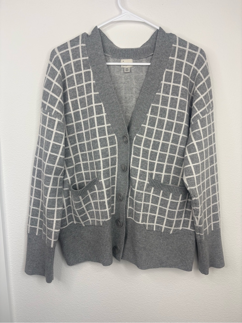 A New Day Gray & White Windowpane Grid Cardigan with Pockets